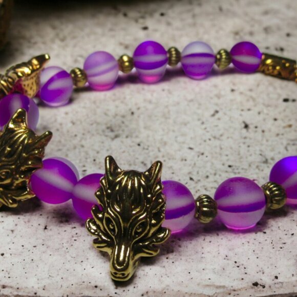 NEW Cerberus Triple Wolf Bracelet With Purple Beads. Handmade Greek myth jewelry - Picture 2 of 6